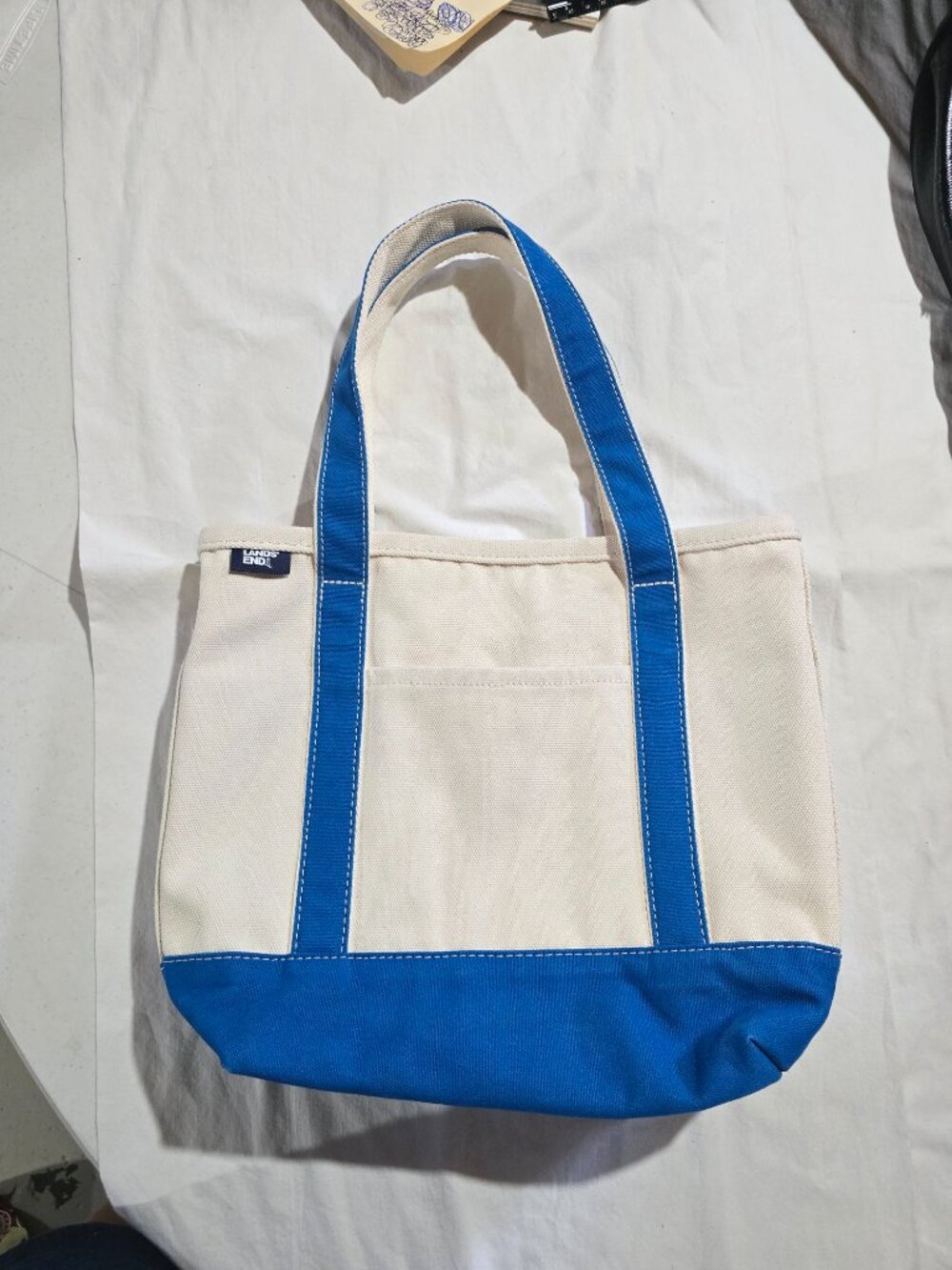 Lands' End Canvas Tote Bag Blue Turquoise White Open Top Handbag Pocket GUC